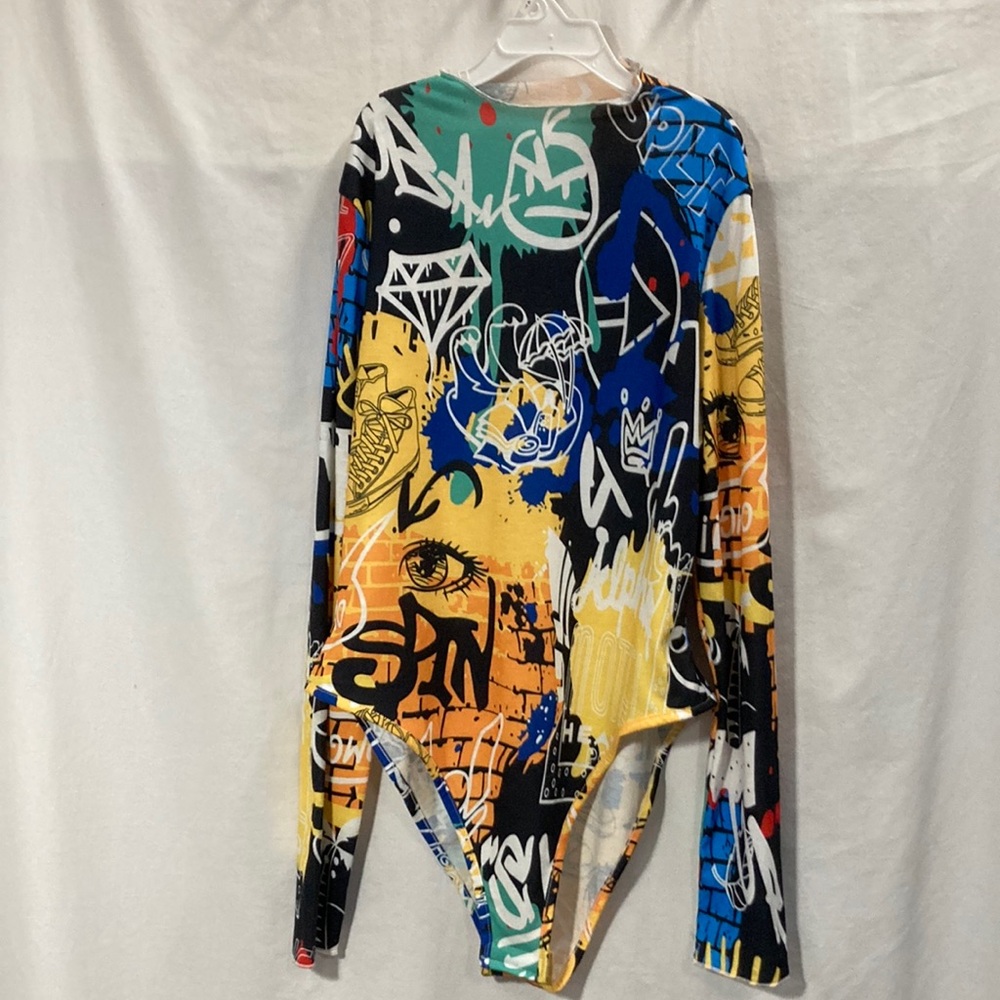 Blue and Yellow Graphic Long Sleeve Bodysuit
